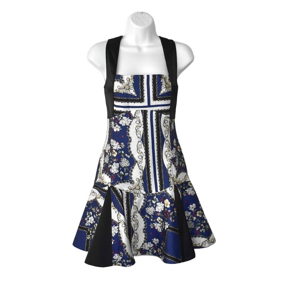 Floral Scarf-Print Fit & Flare Dress in Navy and Black